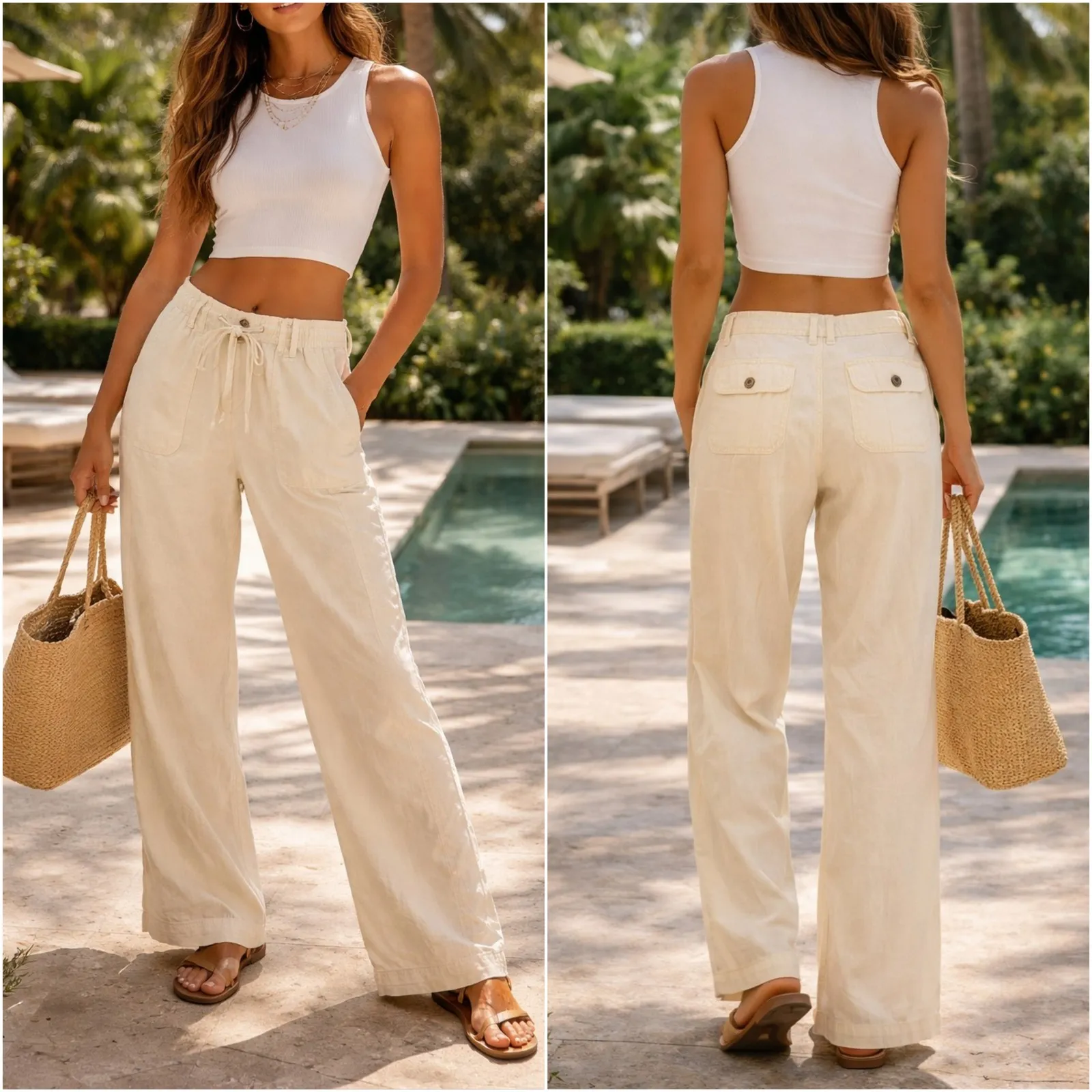Norma Kamali Linen Wide Leg Drawstring Pants – Straw / Cream – Size L Coastal - Image 2