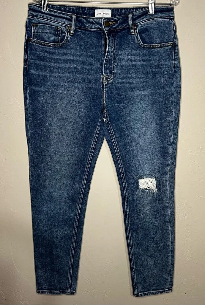 DRIFTWOOD Jackie High Rise Distressed Knee Skinny Denim Jeans - Image 1