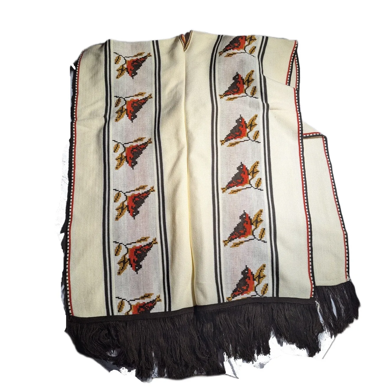 Vtg 1970s Ivory Brown Bird Patterned Knit Tie Front Fringe Trim Poncho Sweater L Size L - Image 2