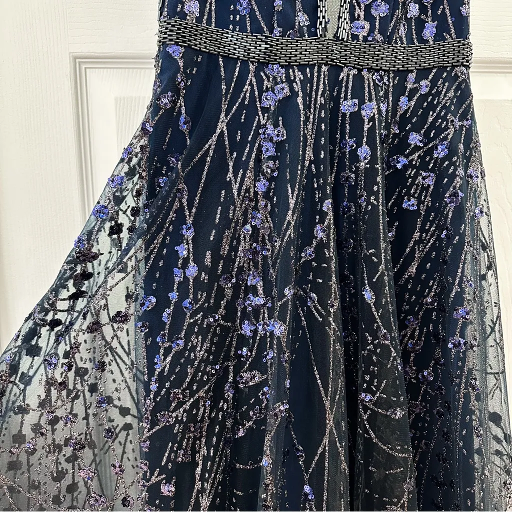 Ellie Wilde Mon Cheri Prom Dress Blue Lace up Sequin Style #EW119066 sz 0 - Image 7