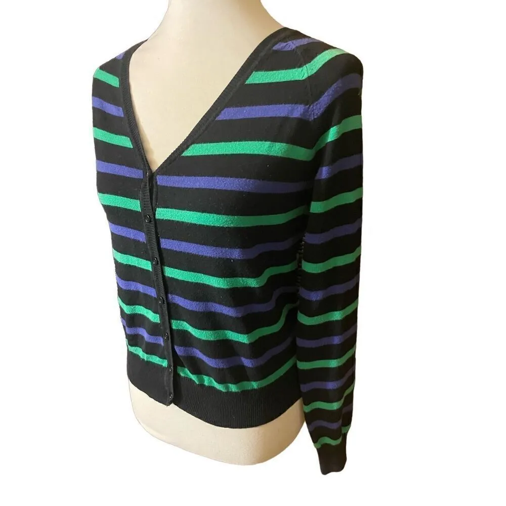 XXI Womens Cardigan Sweater Stripe Long Sleeve Button Front V Neck Blue Large - Image 5
