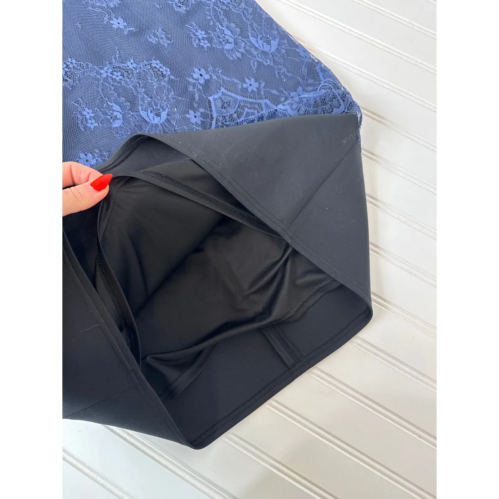 Tadashi Shoji Neoprene Navy & Black Metallic Sheath Cocktail Party Midi Size 8 - Image 8