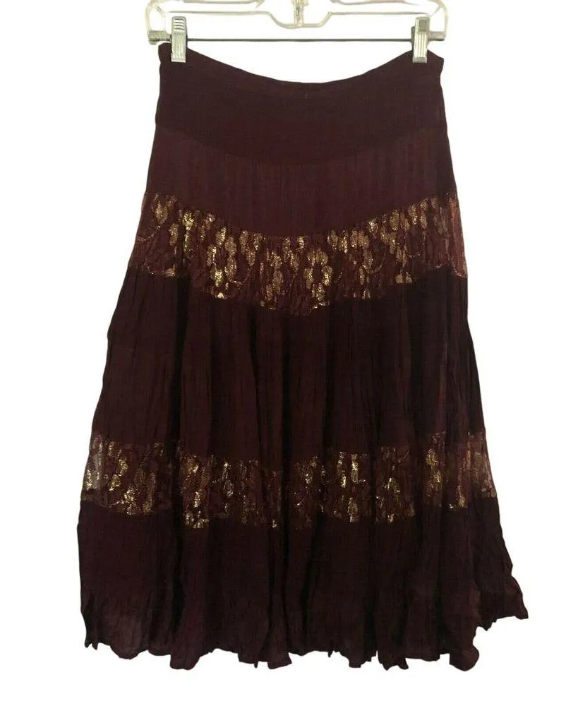 Cache Sequin Metallic Lace Evening Day Skirt Boho Chic New  $128 NWT Burgundy - Image 3