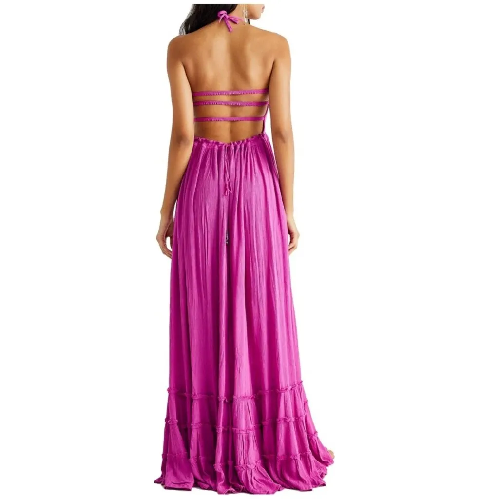 NWT Free People Extratropical Maxi in Dark Pink Crinkled Halter Dress S - Image 3