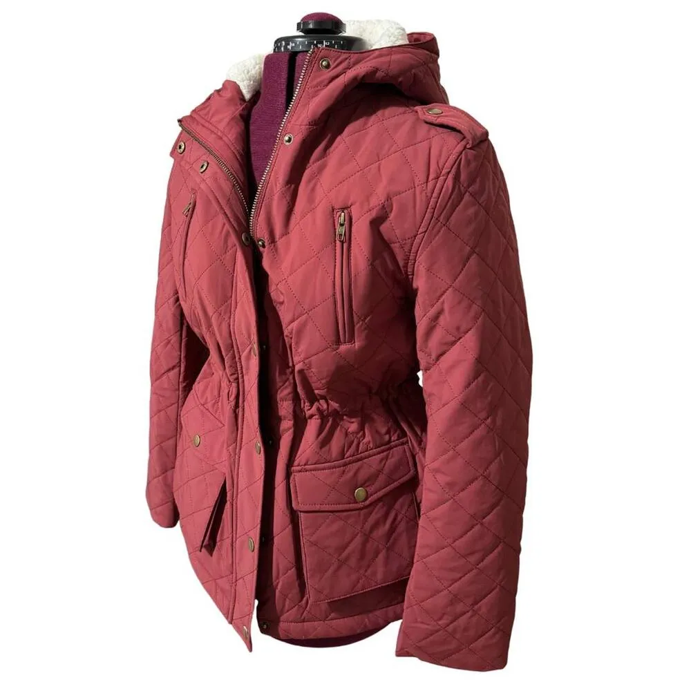 EDEN SOCIETY Quilted Sherpa Lined Jacket Hooded Zip Coat Rust Burgundy NWT Small Red - Image 2