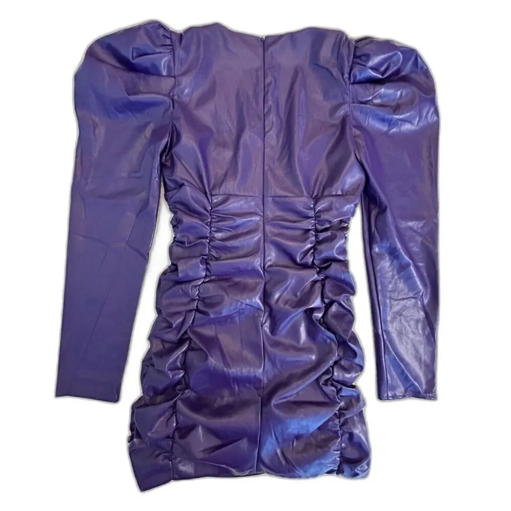 New Revolve Lovers + Friends Bardot Vegan Faux Leather Purple Mini Dress S - Image 4