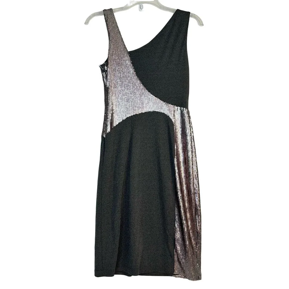 David Meister Formal Dress Metallic Silver Bodycon Dress Sequin Geometric Disco - Image 2