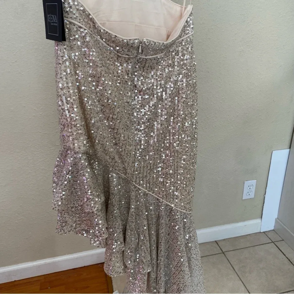 Ieena for Mac duggal sequined halter‎ cut out ruffle Asymmetrical dress in nude - Image 9