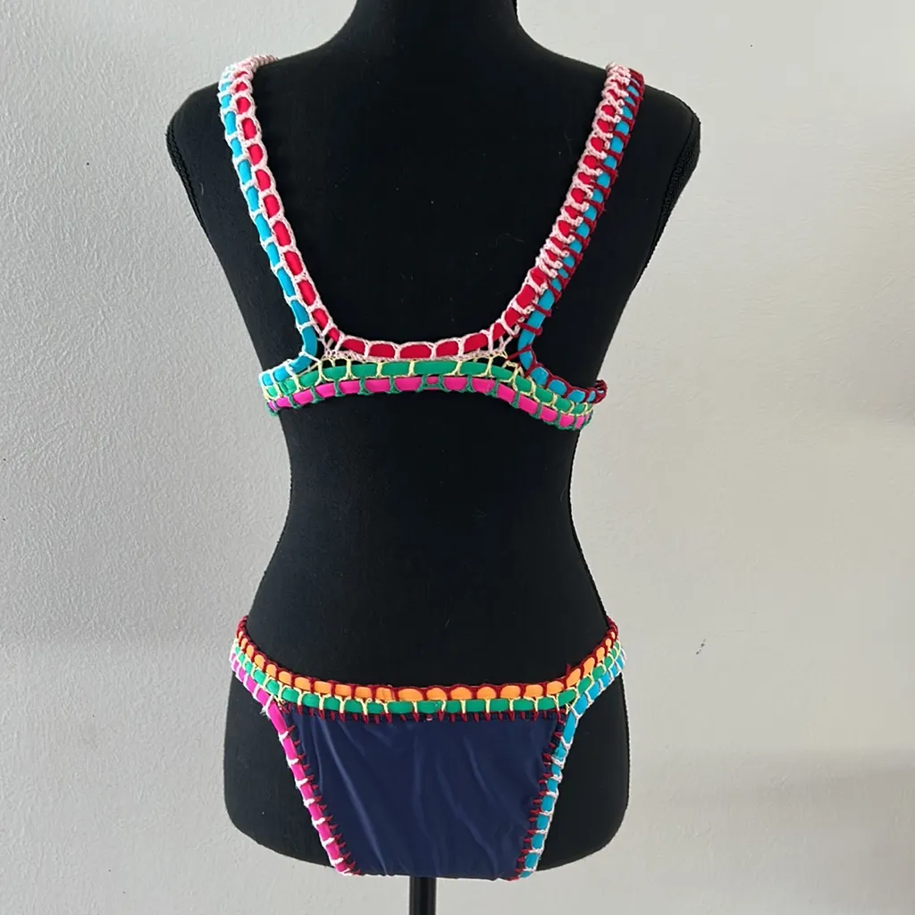 Crochet Bikini in navy with Rainbow hued elastic trim - Image 4