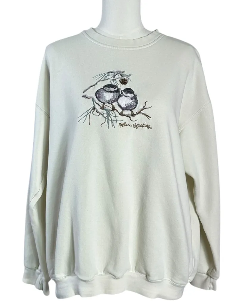 Vintage 90s Northern Reflections Winter Snow Birds Cream Oversized Sweatshirt XL - Image 1