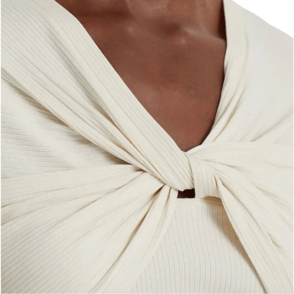 NWT Lauren Ralph Lauren Front Twist Ribbed Knit T-Shirt | Size: M | Cream - Image 2