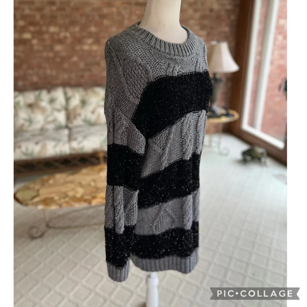 Mango MNG Armenia Sweater Dress Black Gray Metallic Cable Knit Mini 4 Striped - Image 13