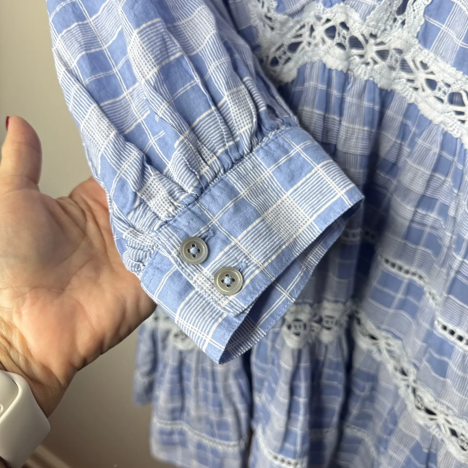 Free People‎ Time Out Top Crochet Plaid Babydoll Tunic Medium Blue White Boho - Image 7