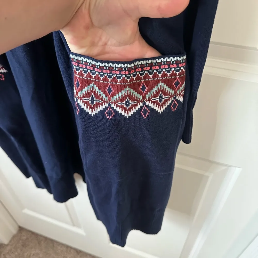 Denim & Co Navy Blue Open Front Cardigan Sweater Fair Isle Jacquard Detail L - Image 3