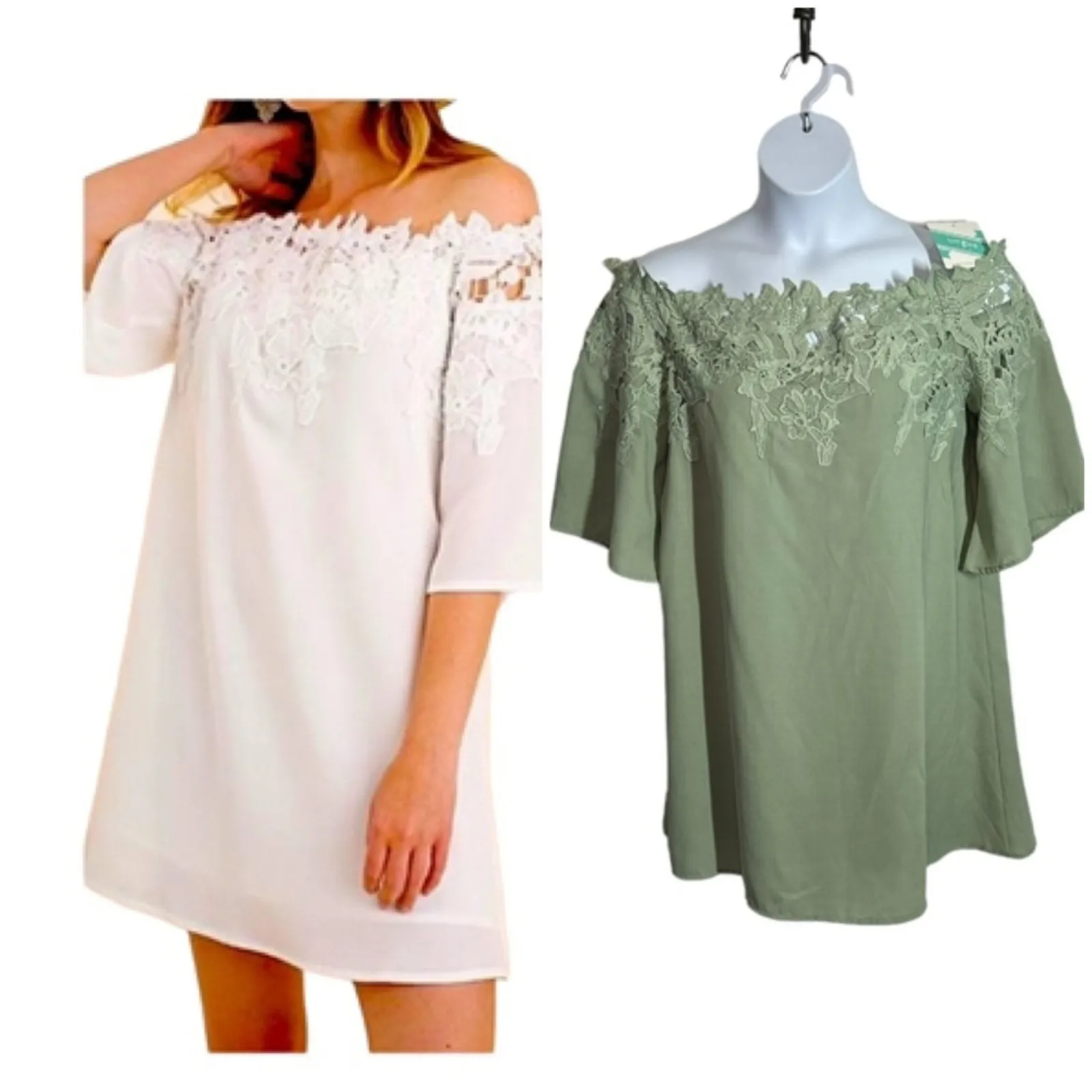 Umgee Green Off Shoulder Crochet Floral Mini Dress Large NWT - Image 2