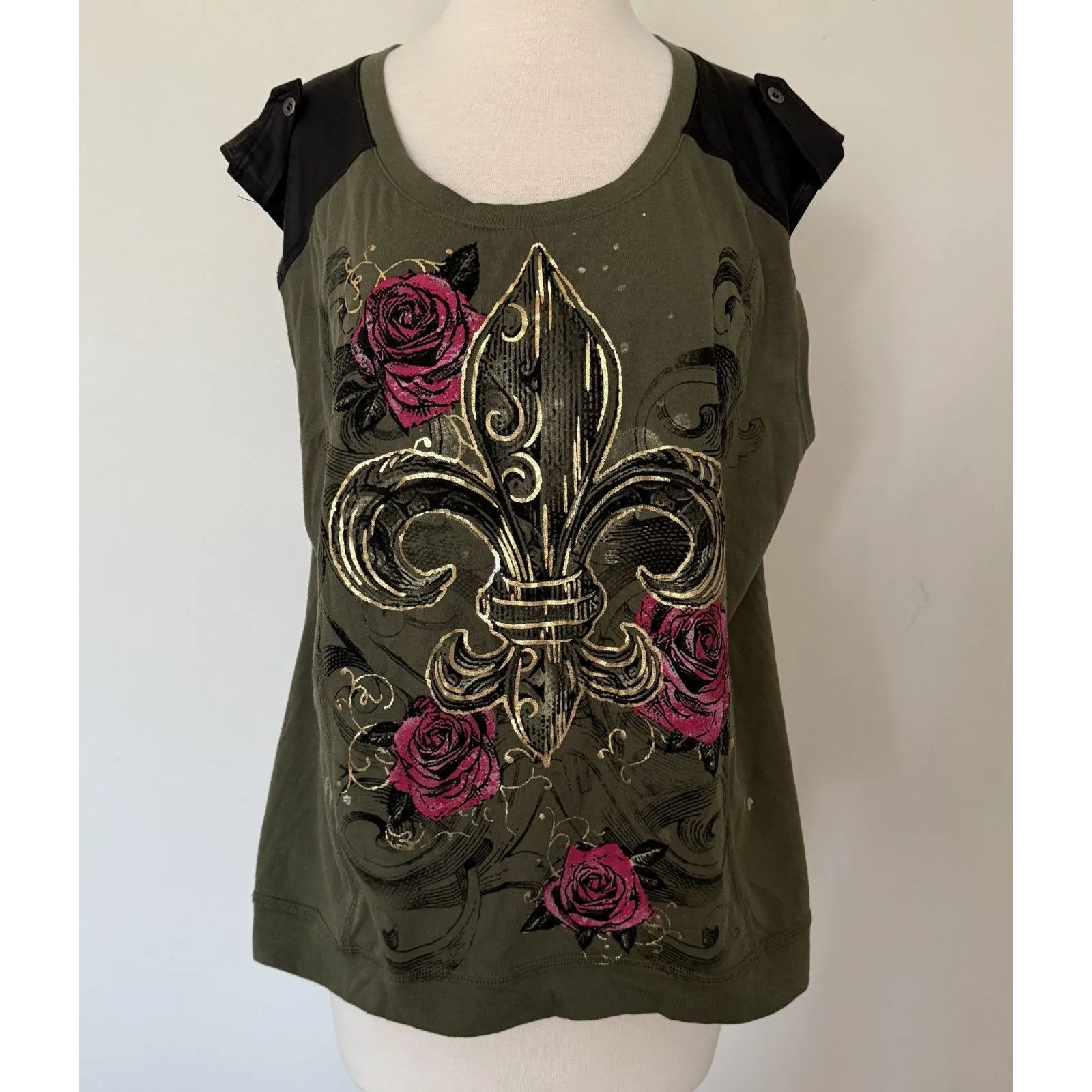 Bongo VTG Y2K Green Subculture Grunge Embellished Fleur-de-Lis Top Sz 1X - Image 2