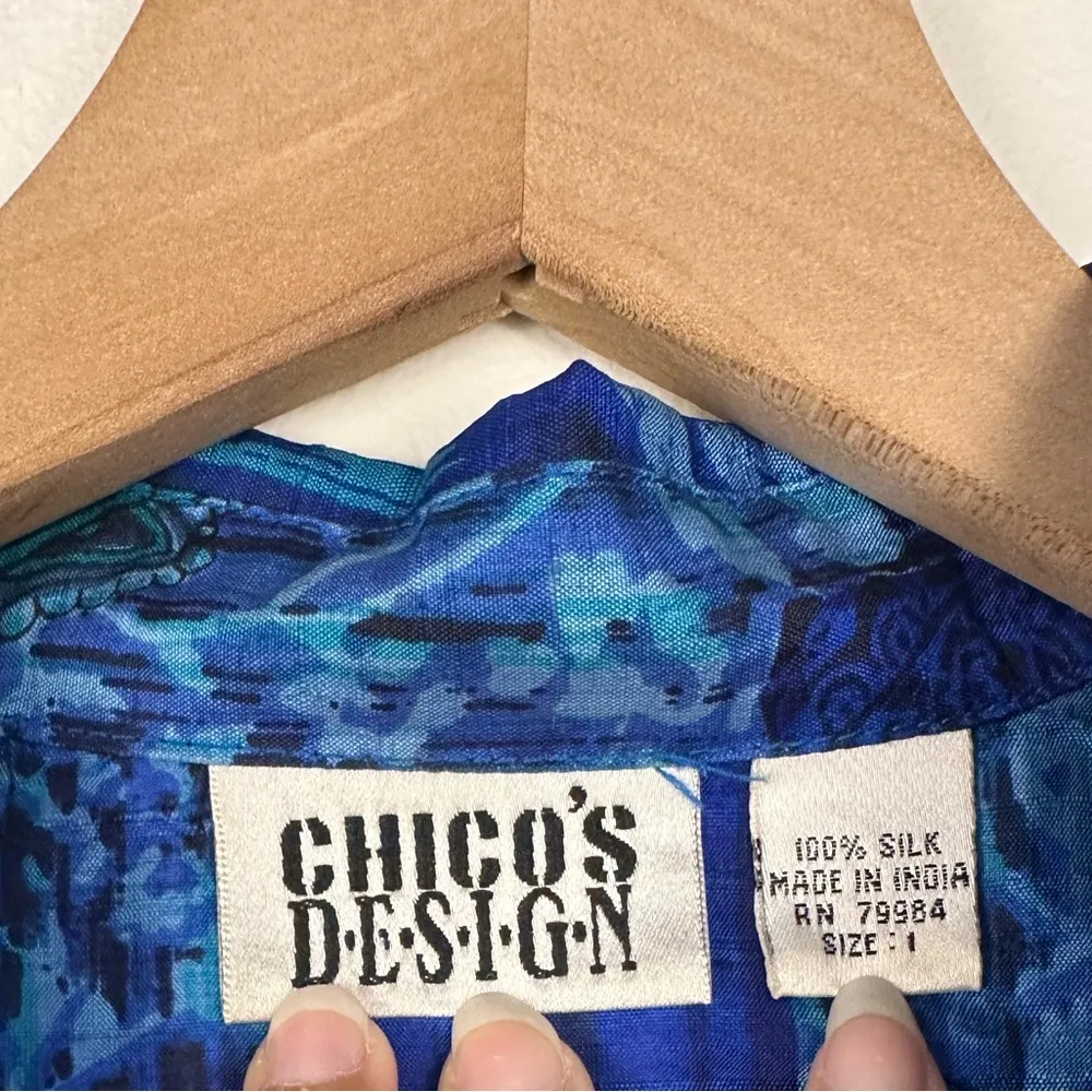Vntg Chico's Design Silk Raw Blue Paisley Beaded Button Up Jacket Blouse Sz 1 - Image 5