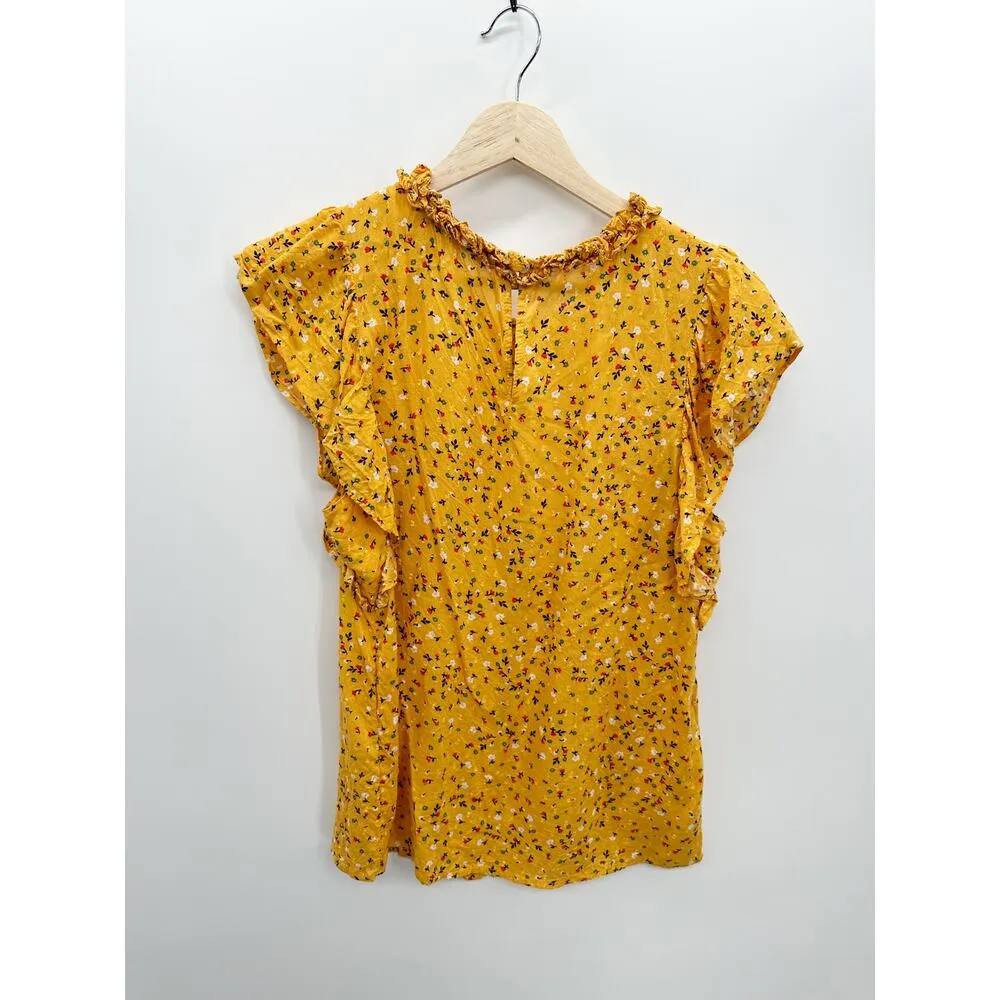 Loft Blouse Women Medium Orange Yellow Floral Lacy Flutter Sleeve Top Feminine - Image 2