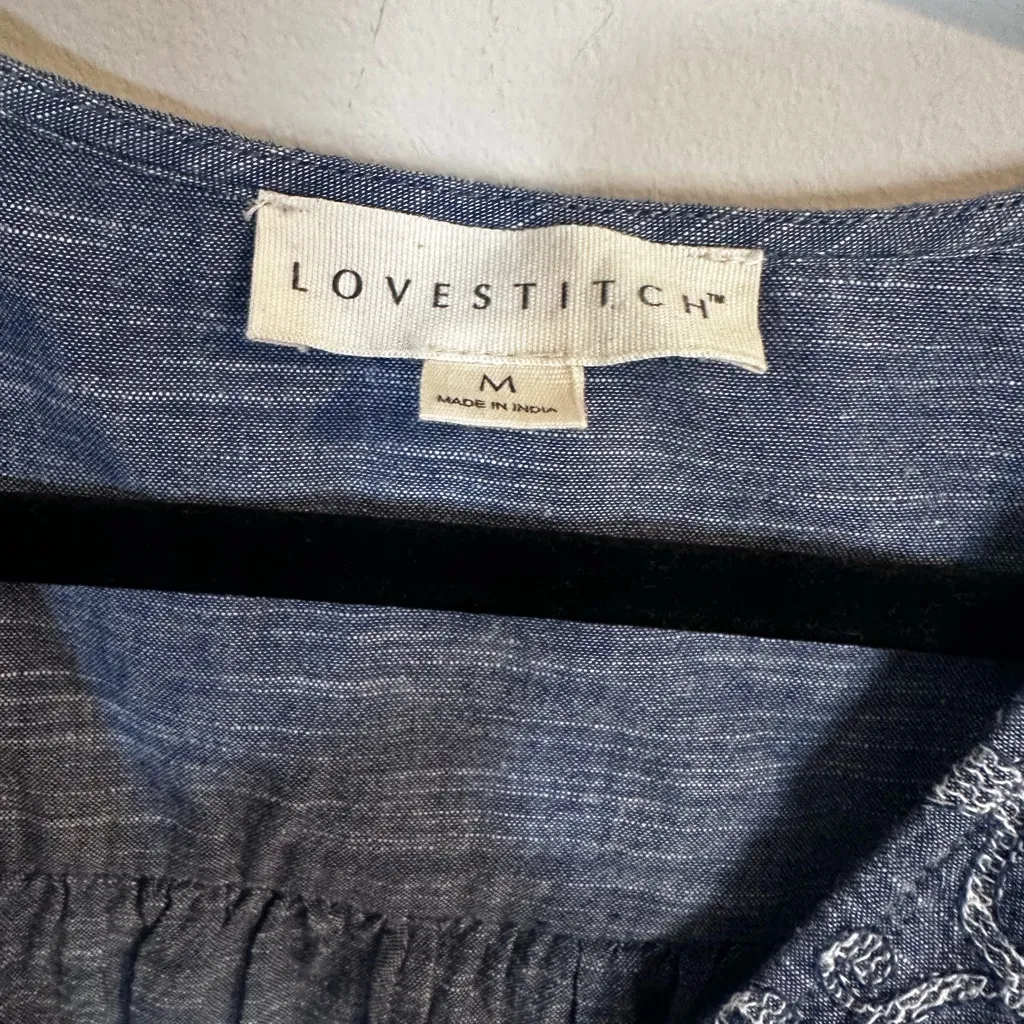 Love Stitch Blue Wrap Blouse with 3/4 Sleeves and Embroidered Floral Print Size M - Image 4