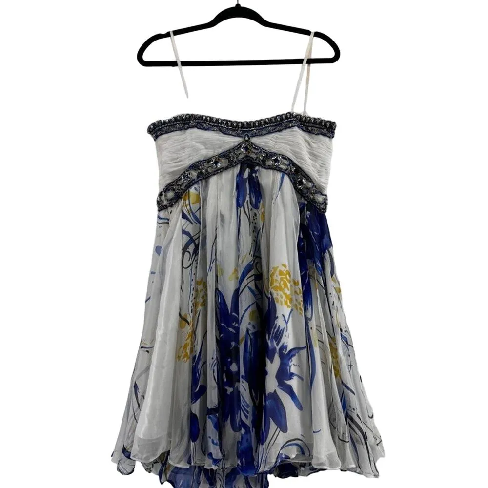 Terani Strapless 100% Silk White blue Print prom homecoming cocktail dress 12 - Image 6