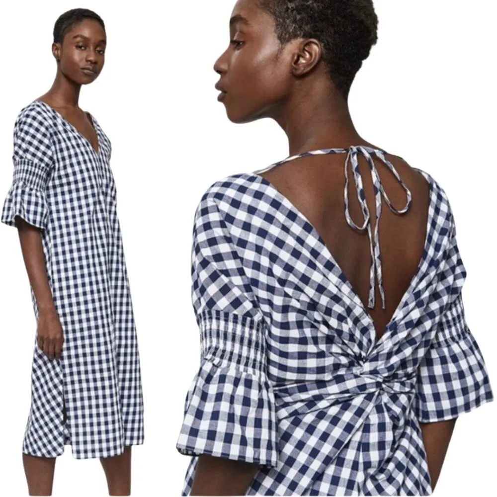 Stelen Harlow Gingham Midi Dress Women's XS Navy White Puff Sleeve Preppy Party Blue - Image 3