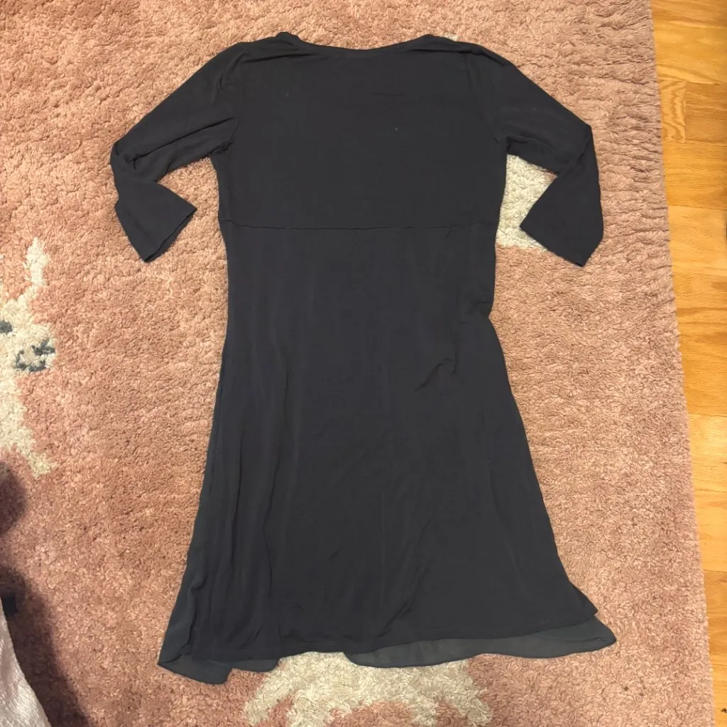 LOGO by Lori Goldstein Dress Sz M MIDI Maxi w/Chiffon Trim Black Quarter Sleeve - Image 5