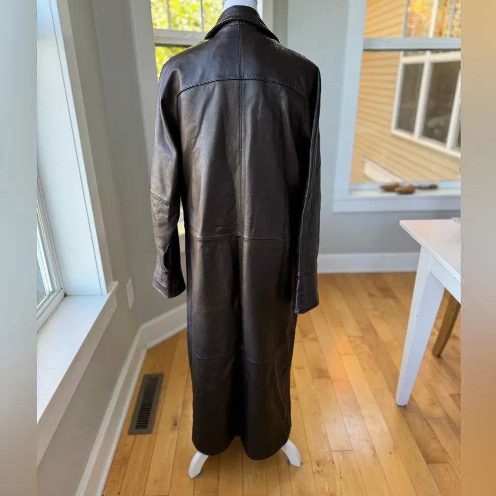 Vintage Studio Works Chocolate Brown Ankle Length Leather Trench Coat Size Small - Image 11