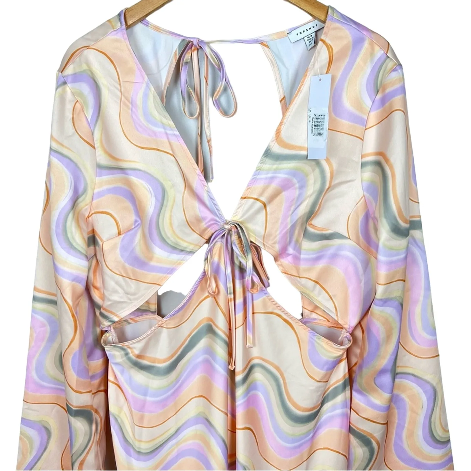 Topshop Retro Satin Cutout Midi Dress Marble Pastel Size 14 NWT Resortwear Boho - Image 7