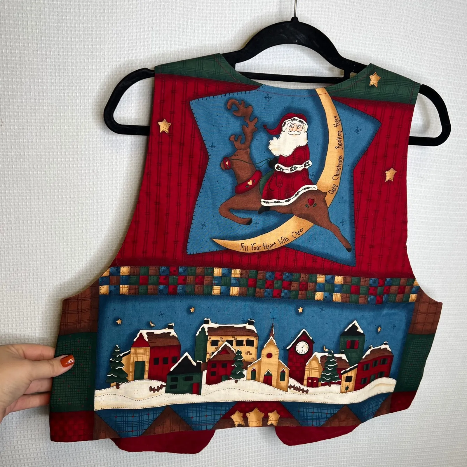 Christmas Holiday Vest Women's Red Green Village Santa Reindeer Handmade Vintage - Image 3