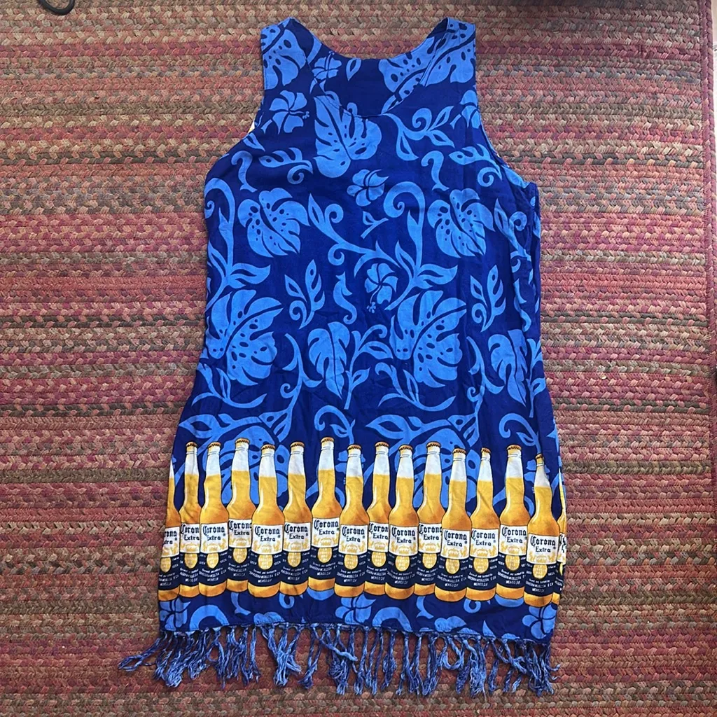 VTG CORONA EXTRA BEER FRINGE HAWAIIAN TANK DRESS PARTY Blue Size M - Image 4