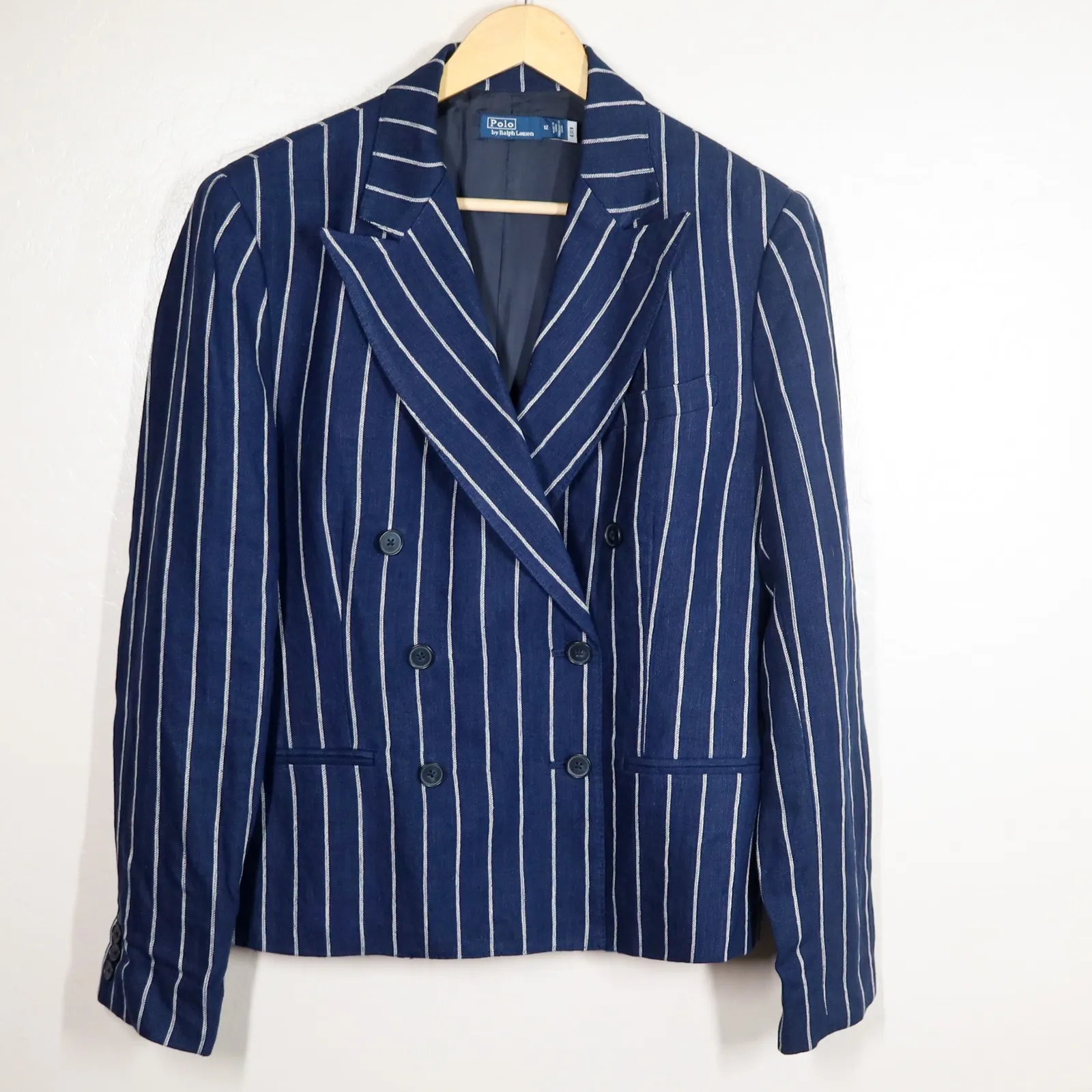 Polo Ralph Lauren Women's Double Breasted Pinstripe Linen Blazer Size 12 Navy - Image 2