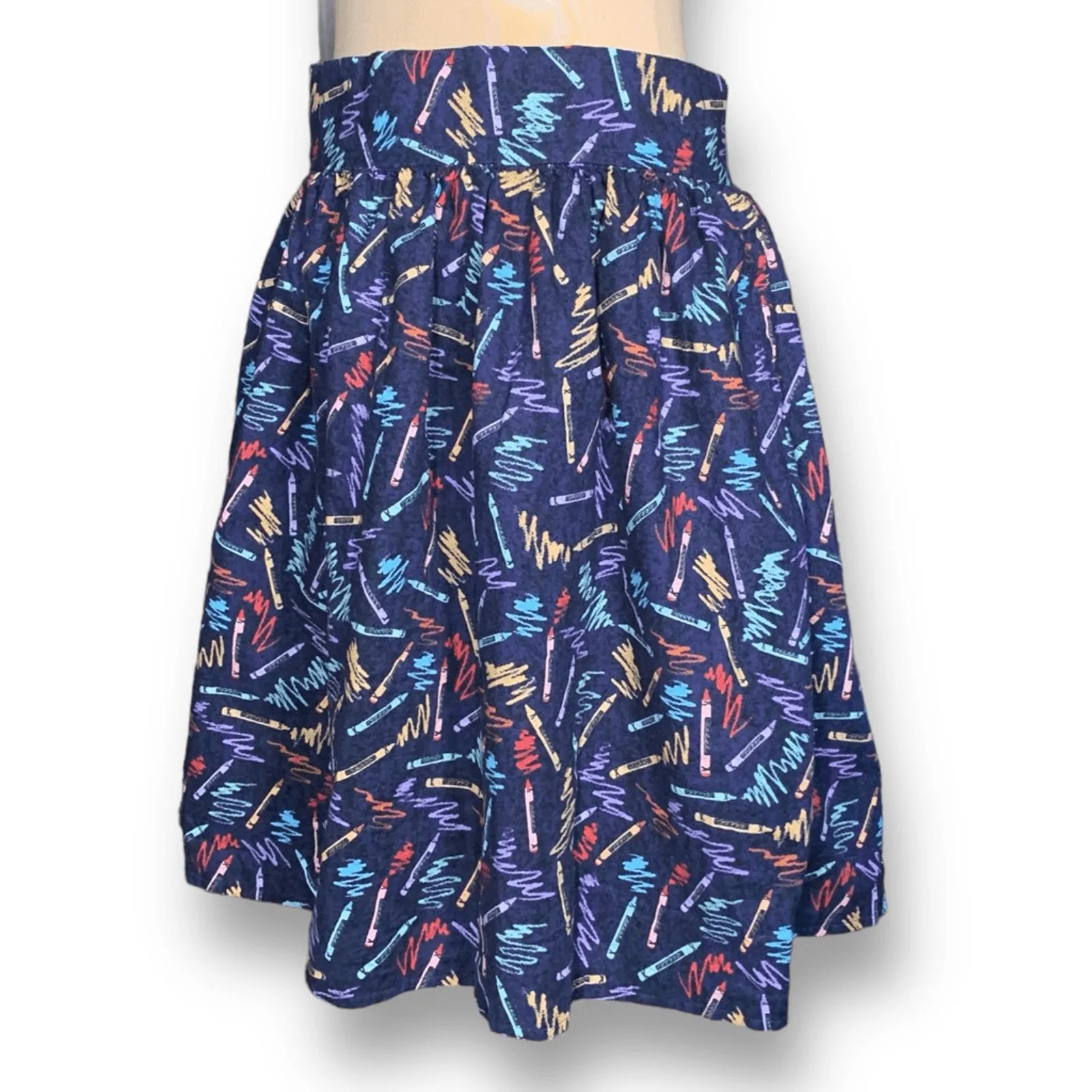 Handmade Navy Blue Skirt Multicolor Crayon Print Pleated Retro Teachercore OOAK - Image 5