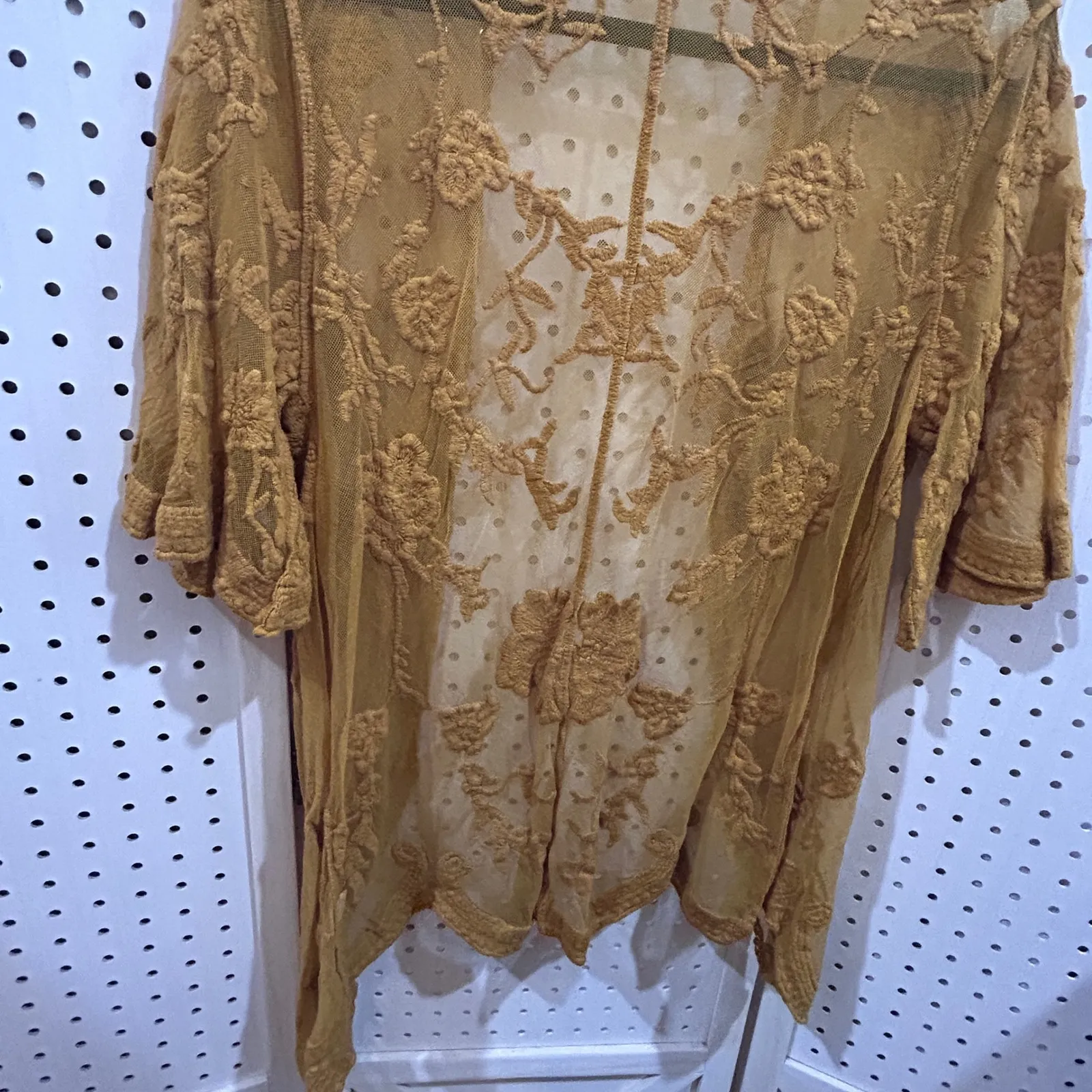 LUQ Women's Mustard Yellow Lace Kimono Cardigan Short Sleeve Open Front - Image 7