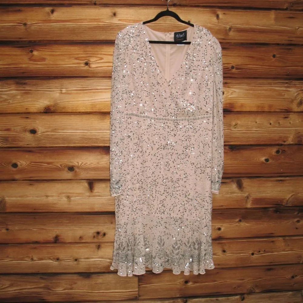 NWOT Mac Duggal Sequin Embellished Nude Silver Faux Wrap Dress FLAW - Image 3