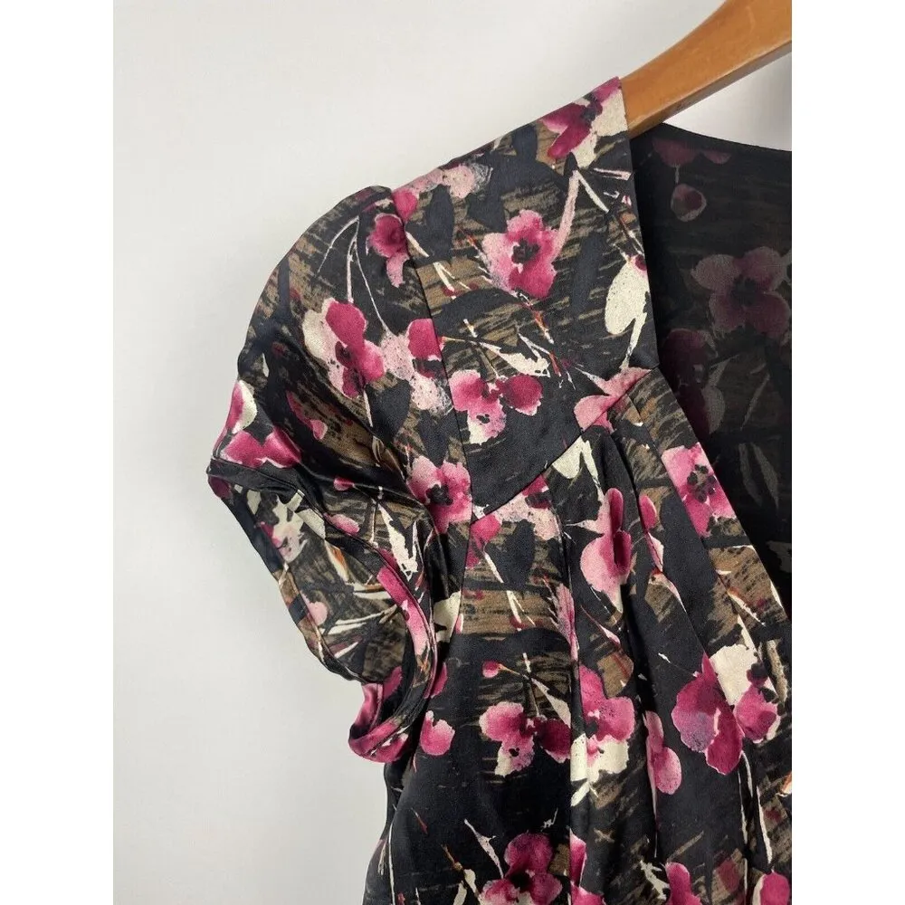 Ann Taylor Floral Silk Black Cherry Blossom Velvet Trim Cap Sleeve Blouse Size 4 - Image 2