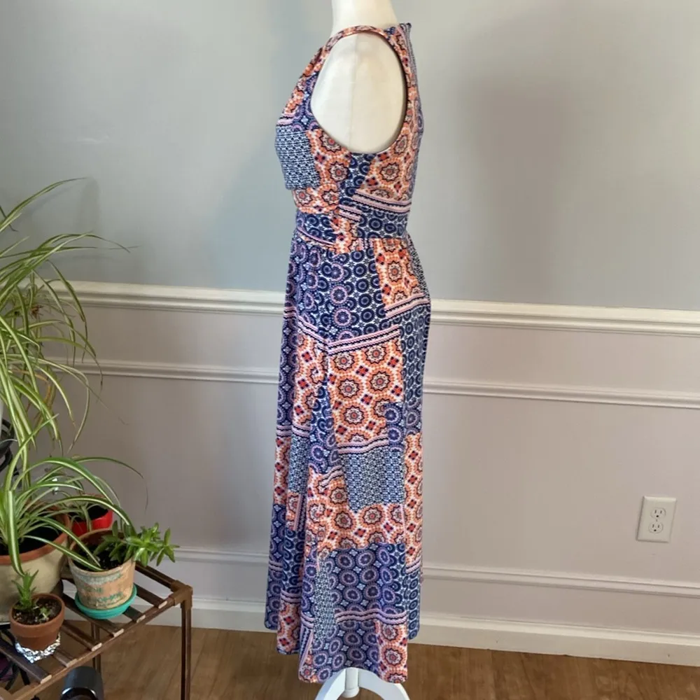 Kut from the Kloth Midi Dress Boho Round Halter Strapless Blue & Orange Size 4 - Image 6