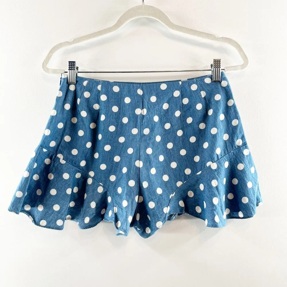 AQUA Polka Dot Ruffle Hem Flutter Denim Shorts Blue White Medium - Image 11