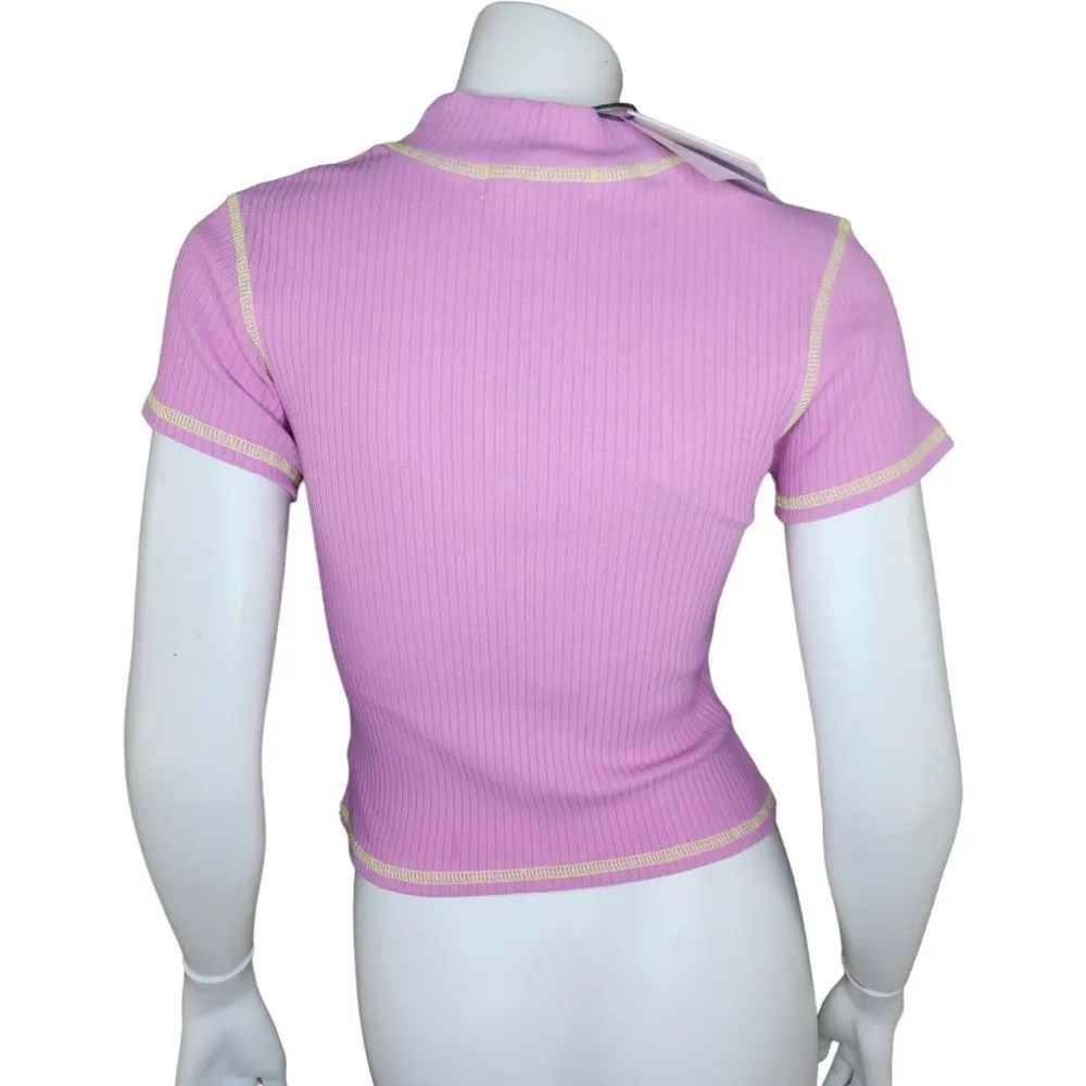 Daydreamer Contrast Stitch Short Sleeve Ribbed Mockneck Baby Tee Lilac Bloom Med - Image 6