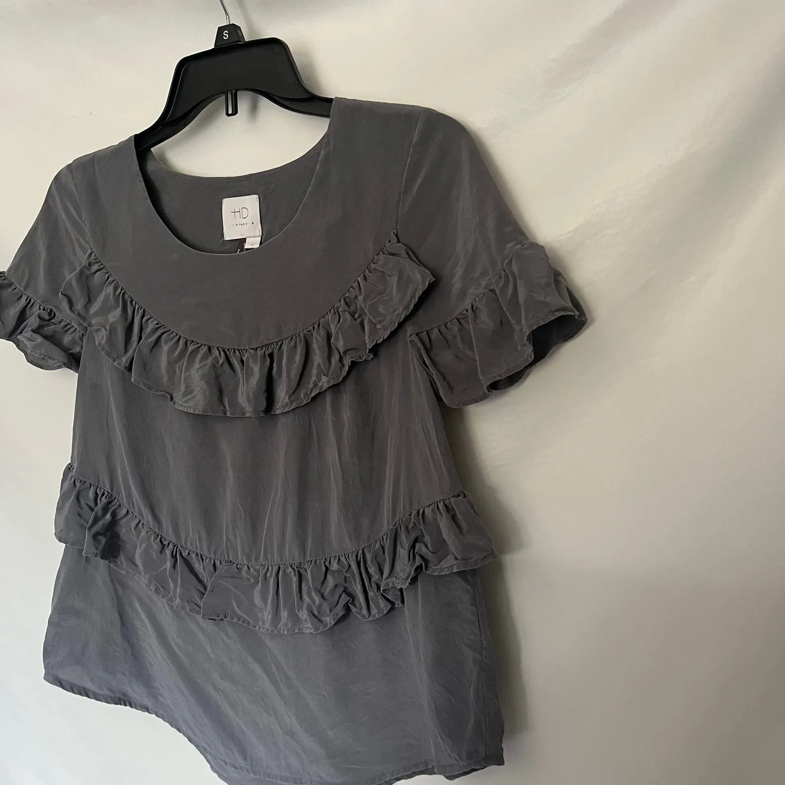 HD in Paris 100% Silk Ruffle Womens Top XS Romantic Cottagecore French Gray - Image 4