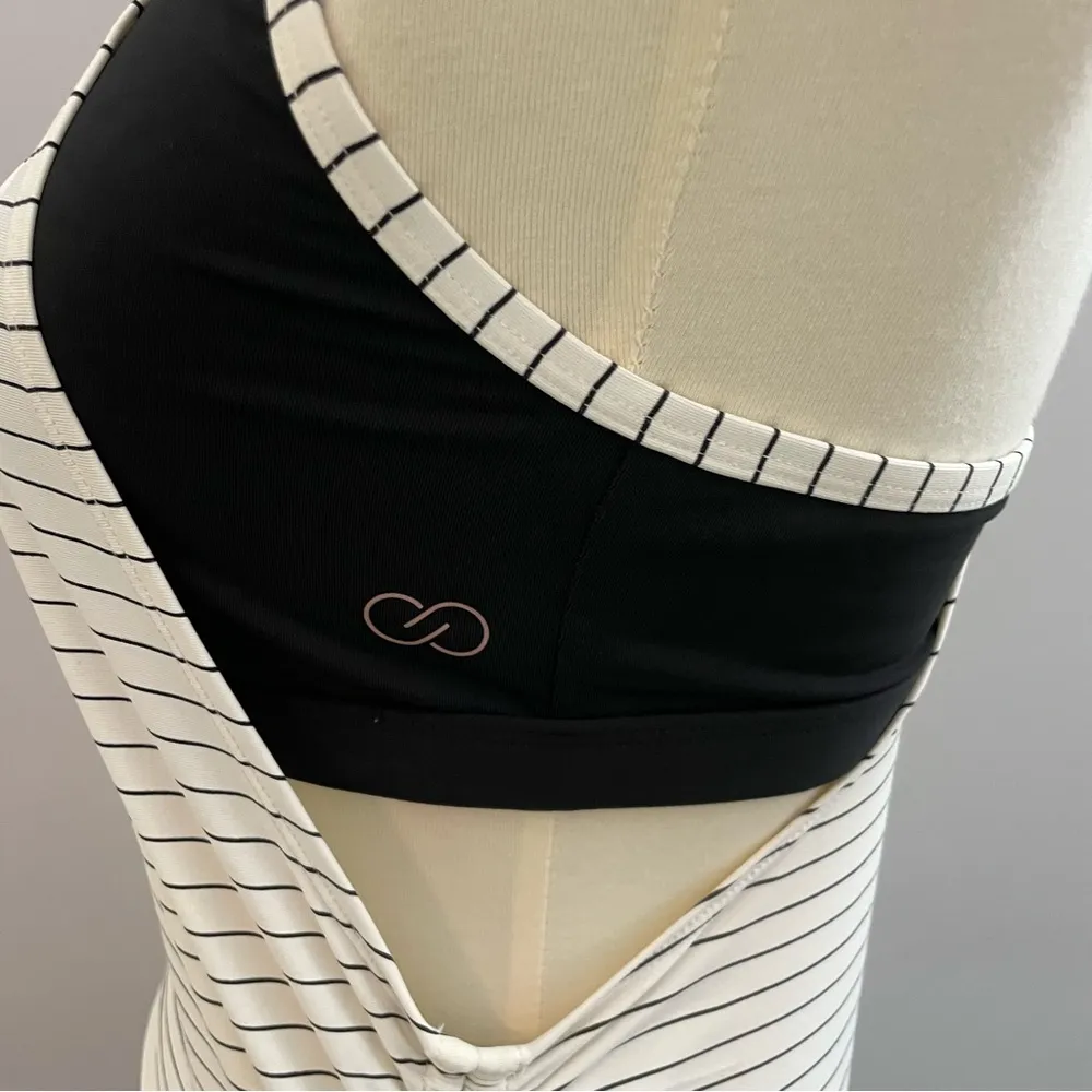 Calia Carrie Underwood Tank Sports Bra Striped Layered Cinch Sides Black Cream - Image 6