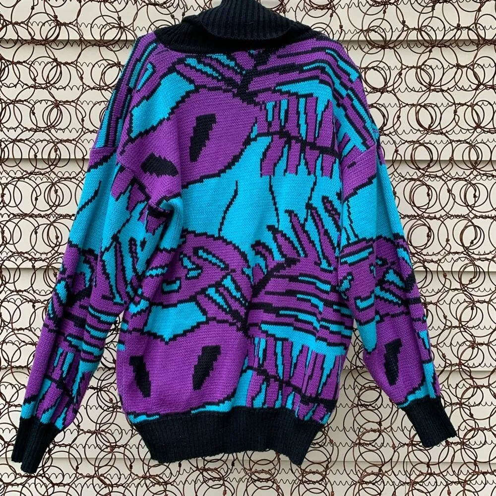 Vintage 90s funky ugly abstract geometric sweater purple teal mock neck Blue Size L - Image 4