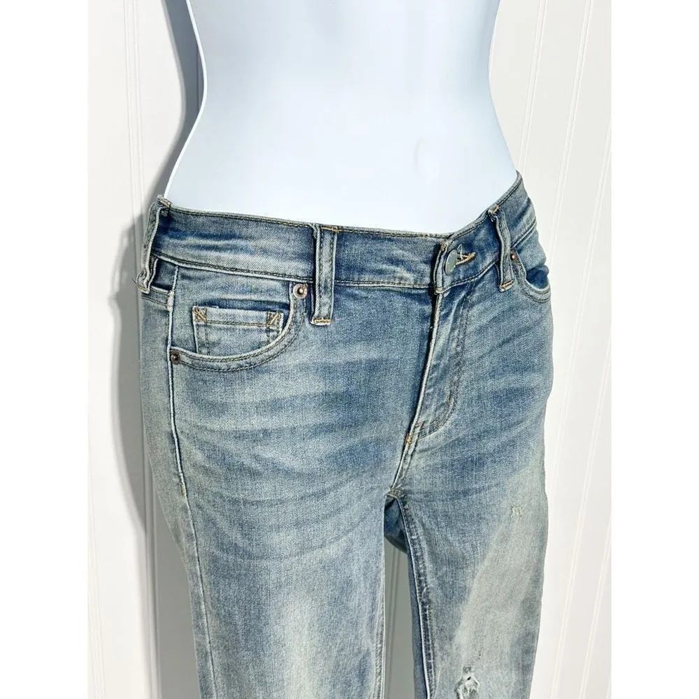Free People Frayed Hem Distressed Mid Rise Skinny Jeans Blue‎ Stonewash Size 24 - Image 3