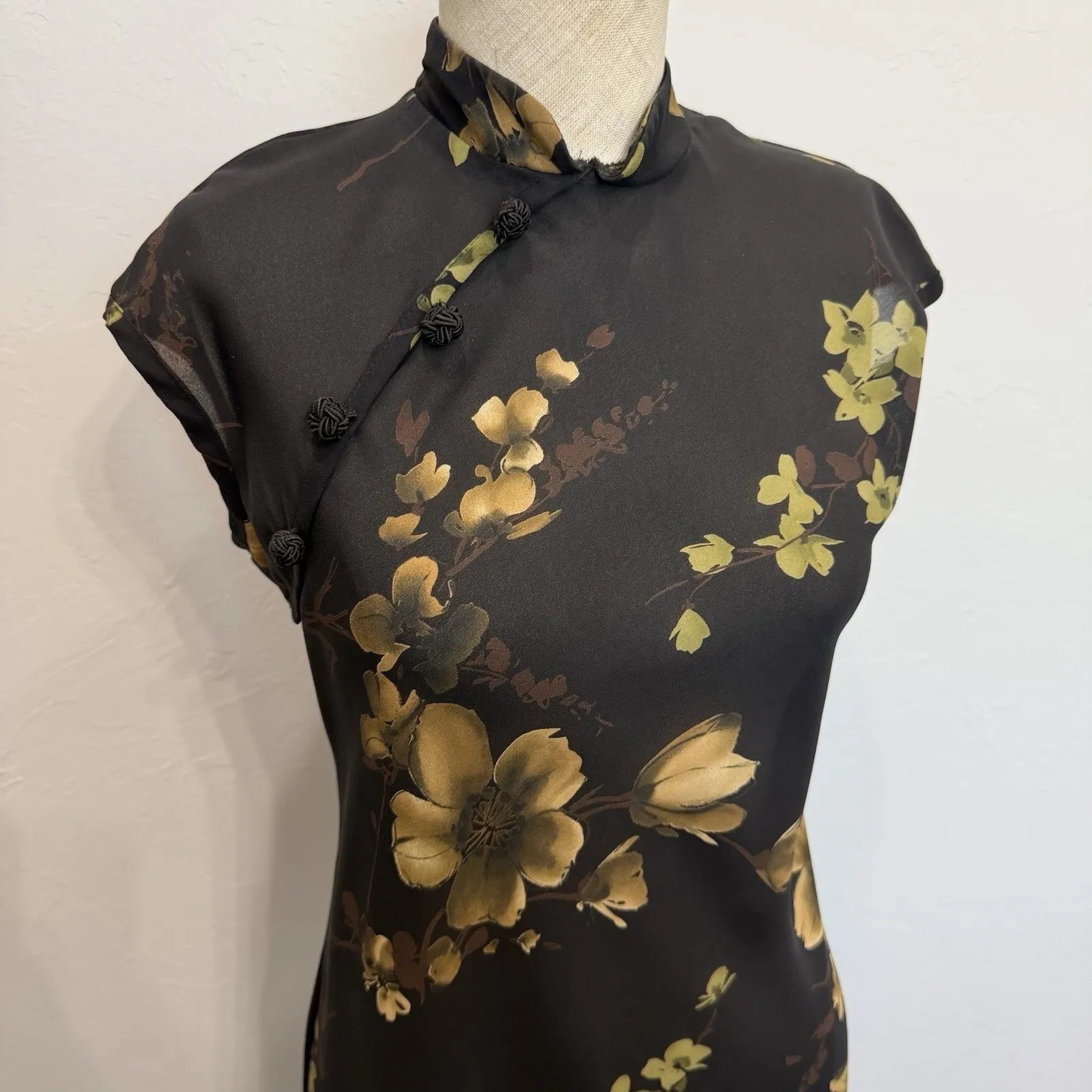 Vtg Sz 6 Qipao Dress Asian Sheer Dark Floral Old Shanghai Style Whimsigoth Sheer - Image 3