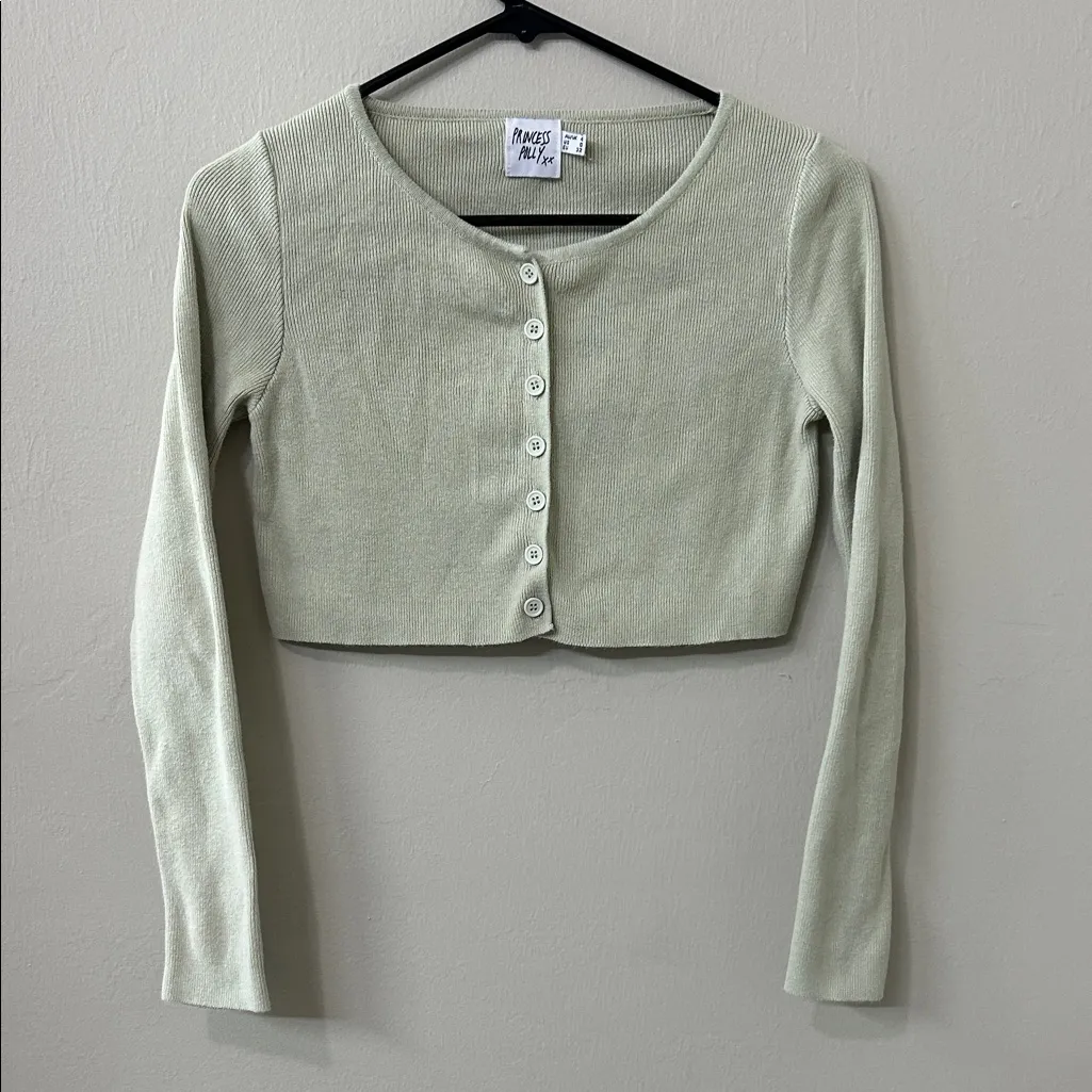 Princess Polly The Michael Top Cropped Sweater Ribbed Button Up Lime Sage Green - Image 2