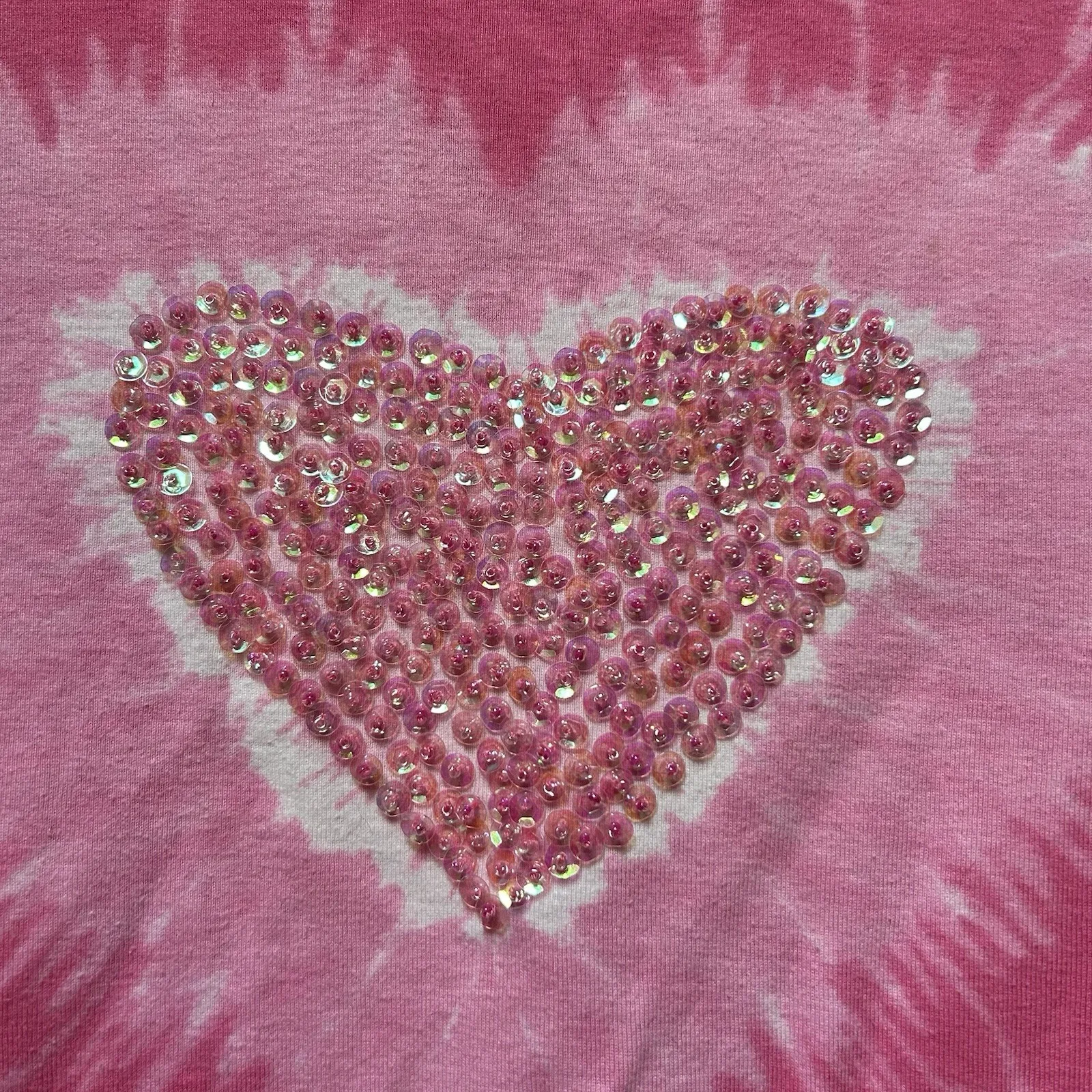 VTG Y2K Women's XL Pink Tie Dye Sequin Heart Top Tee Shirt Festival Rave Kidcore - Image 3