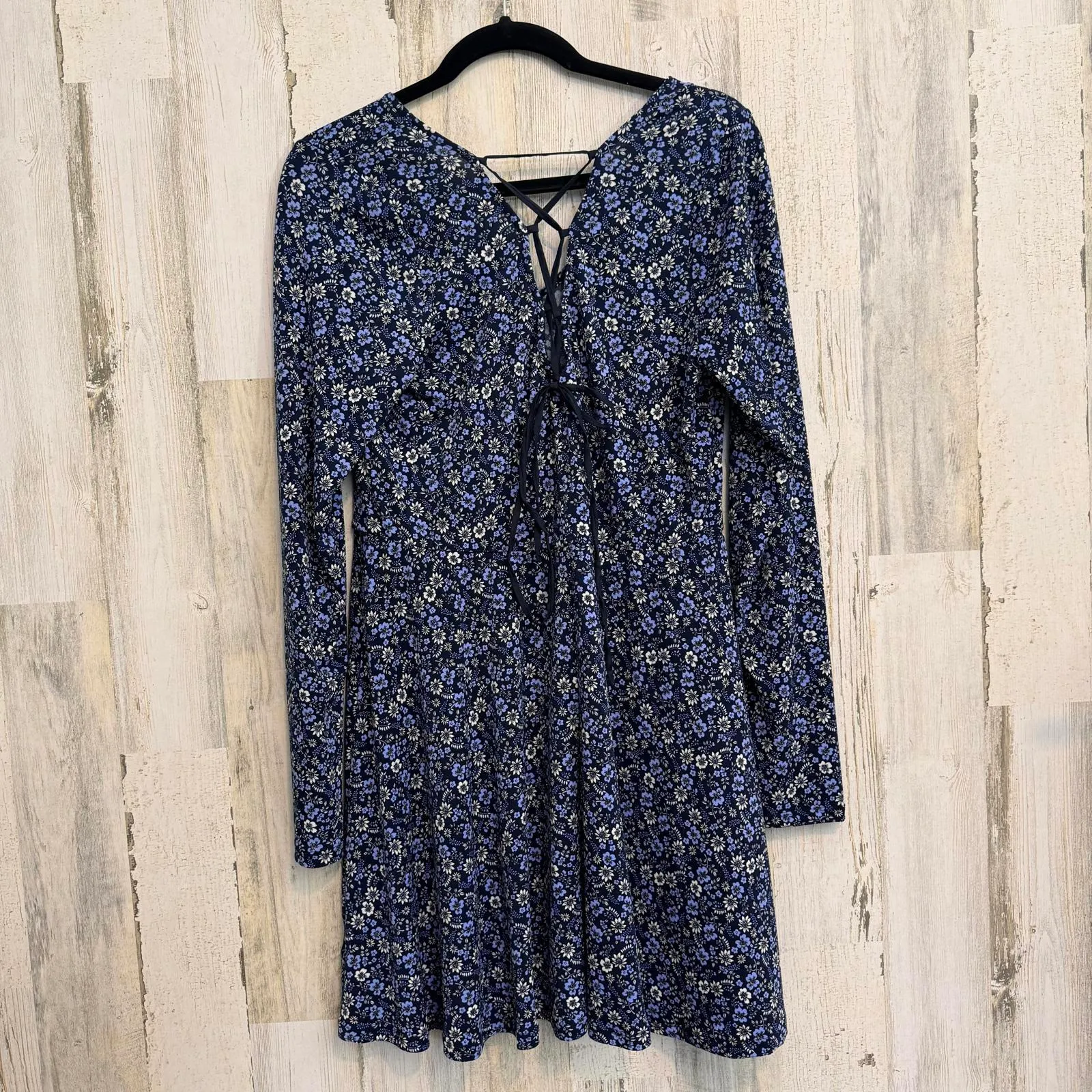 Floral Long Sleeve Babydoll Dress Boho Cottagecore Blue White Women's XL Stretch - Image 5