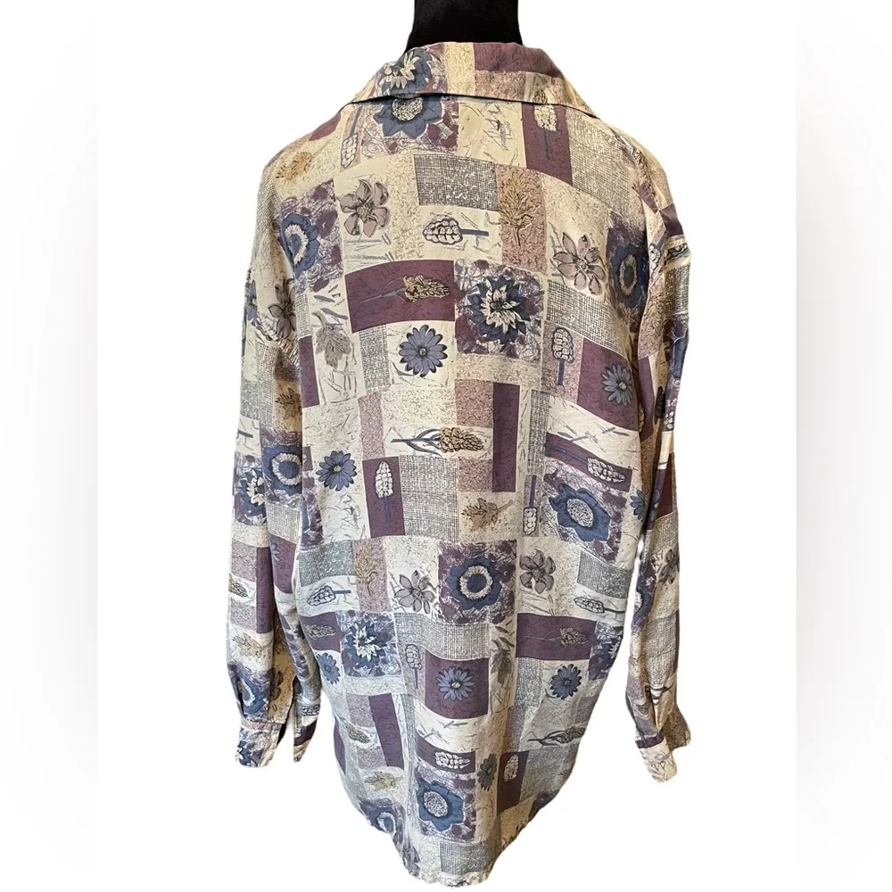 Stunt Vintage Silk Geometric Patchwork Autumn Fall Leaf Floral Button Up Top - Image 6