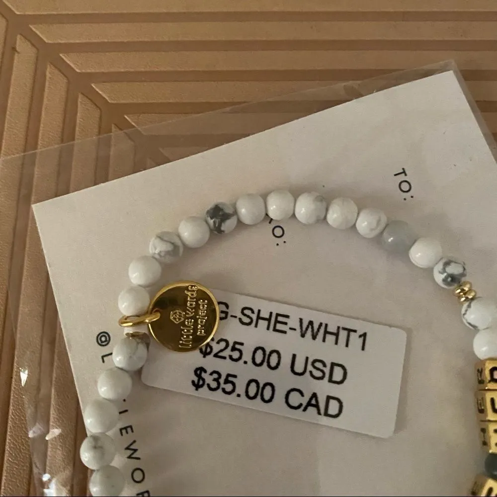 Little Words Project Bracelet She Her Stretch Beaded Gold Marble Neutral Casual White - Image 3