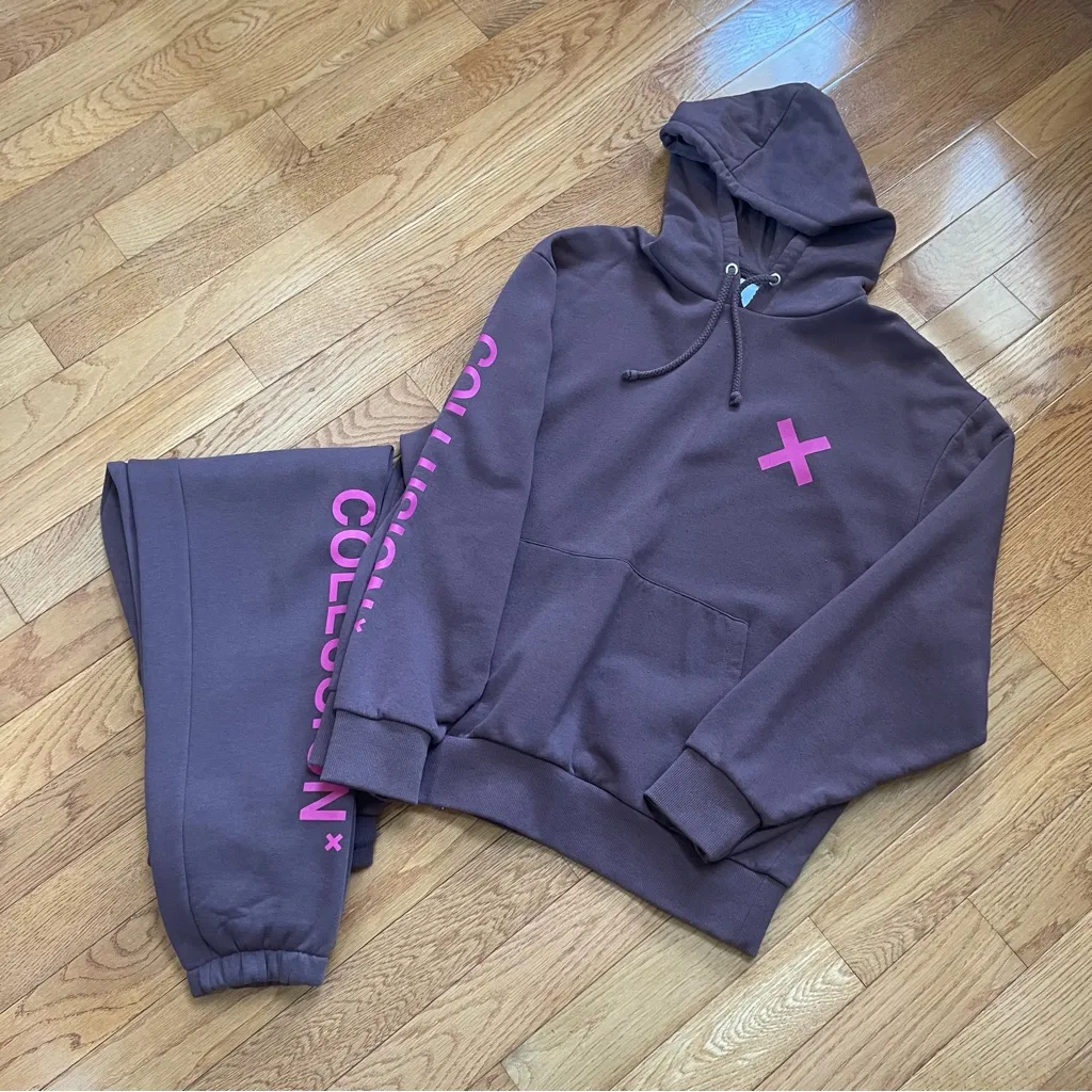 COLLUSION Unisex Lounge cotton blend set pants & sweat shirt hoodie brown pink Size XL - Image 5