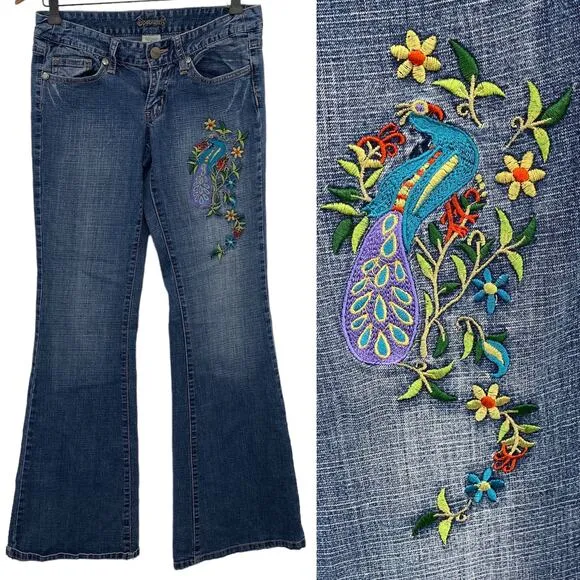 Space Girls Y2K Jeans Peacock Embroidery Womens Size 5 28" Waist Low Rise Blue - Image 2